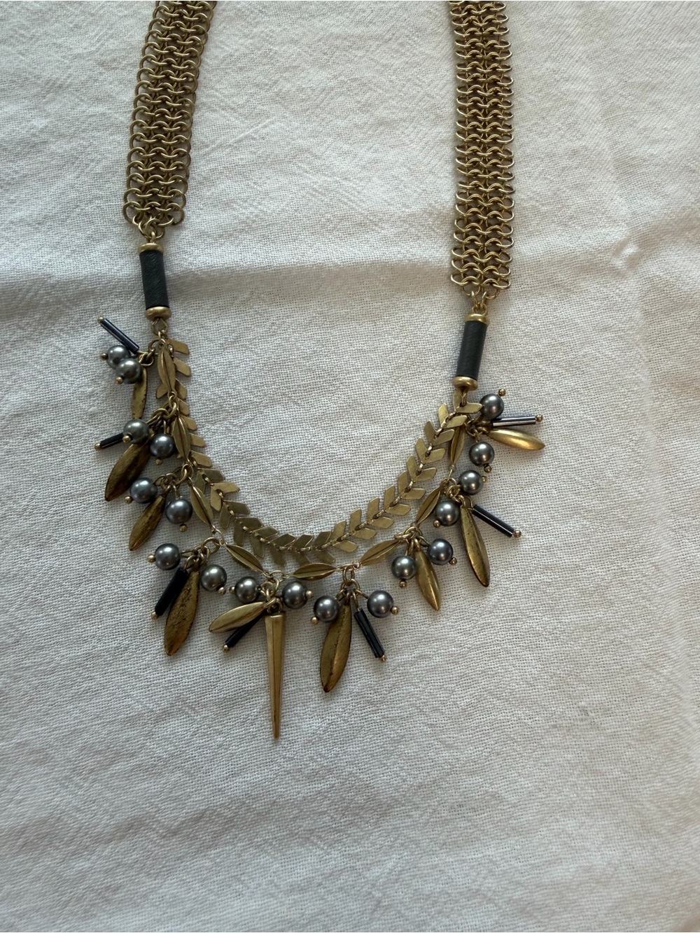 Stella & Dot Gold and Gunmetal Leaf Fringe Necklace